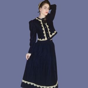 Vintage Navy Velvet Blazer And Skirt Set with Hat 80's does 1940s
